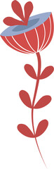 Flat design is showing flower with blue bloom, red petals, stem, oval leaves on transparent canvas