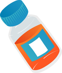 Pill bottle is tilting in flat style, featuring blue cap and orange label on transparent background