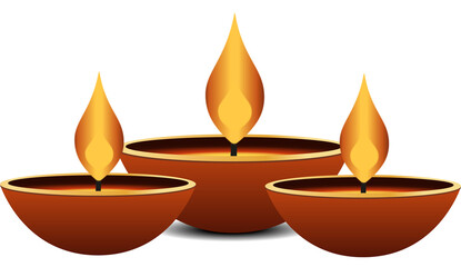 Three clay oil lamps are glowing with stylized flames in flat design on transparent background