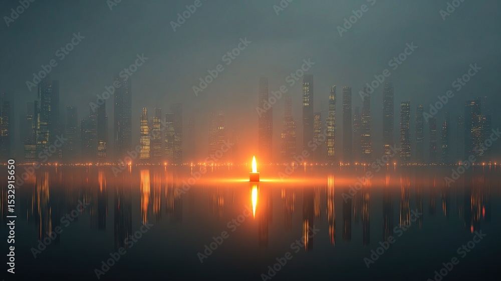 Poster abstract glowing candlestick pattern floating in misty cityscape