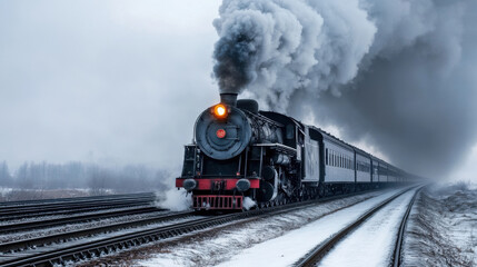 Obraz premium Vintage Steam Train Traveling Through Snowy Landscape in Winter Season