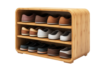A tidy bamboo shoe rack stands ready in the hall promising a clutter free and welcoming on transparent background