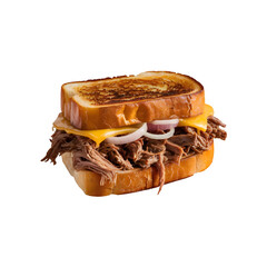 Delicious Pulled Beef Sandwich with Cheese and Red Onion Rings