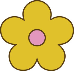 Cartoon flower is showing five yellow petals and pink disc in flat design on transparent backdrop