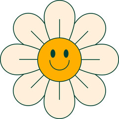 Cartoon daisy flower is smiling in flat vector with cream petals and yellow center, transparent