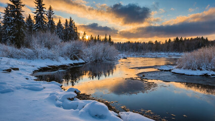 Serene Winter River at Sunrise