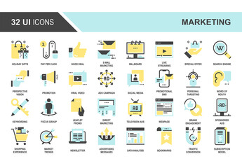 Vector set of marketing and advertising flat web icons. Each icon with adjustable strokes neatly designed on pixel perfect 48X48 size grid. Fully editable and easy to use.