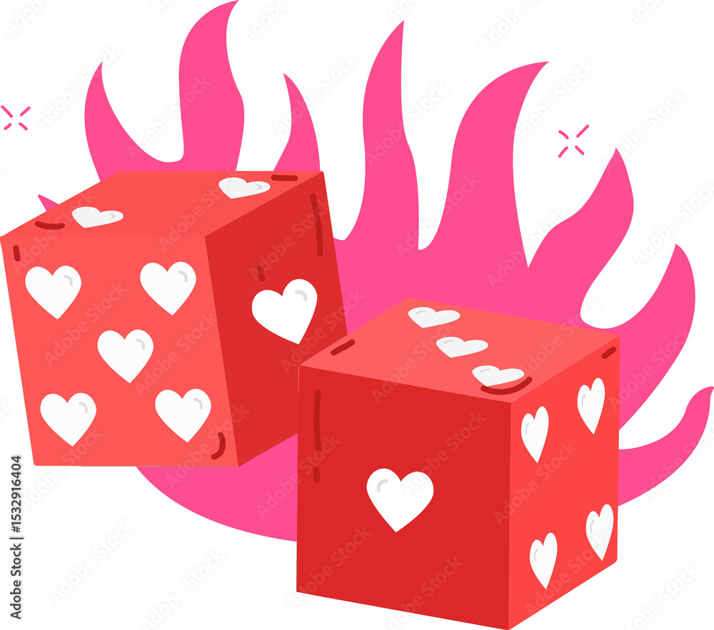 Aufkleber pair of red heart-patterned cubes floating over pink flame on transparent background in flat style