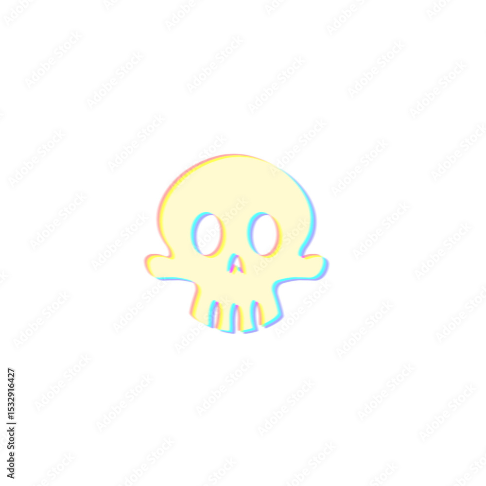 Poster cartoon skull icon is floating in flat design with color glitch outlines on transparent background