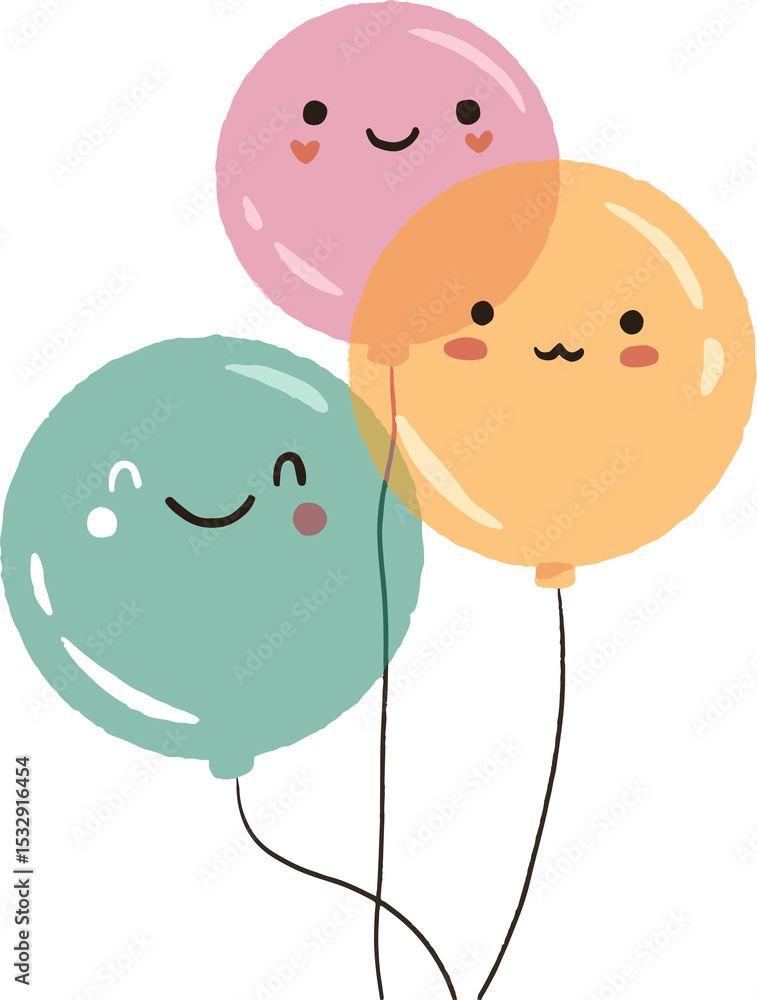 Poster flat style pastel balloons are floating on transparent background, showing kawaii faces and strings