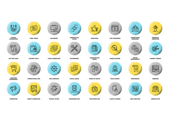 Vector set of marketing and advertising flat line web icons with grunge noise texture effect.