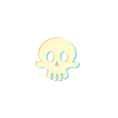 Cartoon skull icon is floating in flat design with color glitch outlines on transparent background