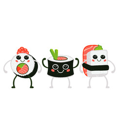 Flat-style cartoon sushi are floating on transparent field with roe maki, onion roll, salmon nigiri