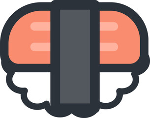 Flat design salmon nigiri is floating on transparent background: rice, fish slice, seaweed strip