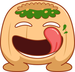 Cartoon dumpling character is floating on transparent background featuring green sesame sauce