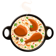 Flat design showing rice and chicken in top view with peas, nuts, spices, transparent background
