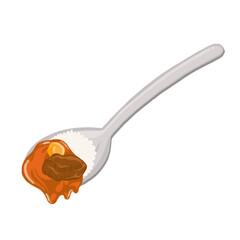 Spoon is holding white rice dripping curry sauce and meat chunk, flat design transparent backdrop