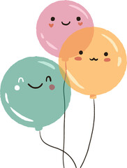 Flat style pastel balloons are floating on transparent background, showing kawaii faces and strings