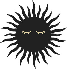 Stylized sun icon is radiating wavy rays with curved lashes in flat design, transparent background