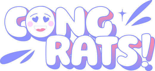 Showing flat bubble text saying CONGRATS with heart eyes emoji and splashes on transparent backdrop