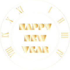 Flat design golden clock is shining on transparent background with Roman numerals and New Year text