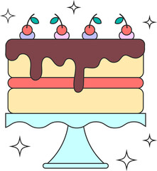 Flat two-tier cream cake is sitting on blue scalloped stand with sparkles, transparent background