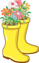 Pair of yellow boots are holding soil, blooming flowers in flat design, transparent background
