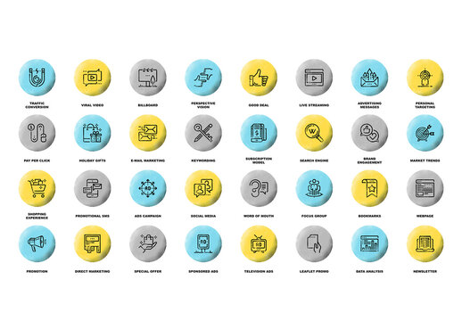 Vector set of marketing and advertising flat line web icons with grunge noise texture effect.