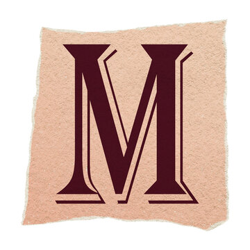 Fototapeta Uppercase serif letter M is floating on torn paper square, flat design with transparent background