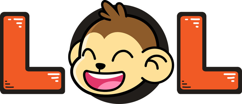 Cartoon monkey head is forming LOL between two block Ls in flat graphic, transparent background