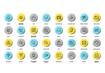 Vector set of customer relationship management flat line web icons with grunge noise texture effect.