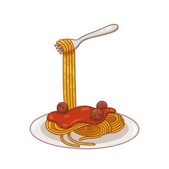 Flat illustration showing plate of spaghetti with fork lifting noodles, transparent background