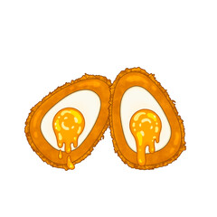 Flat design is showing two breaded egg halves in crispy coating, runny yolk on transparent backdrop