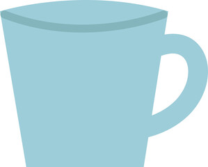 Stylized light blue mug is being shown in flat design, with rounded handle, transparent background