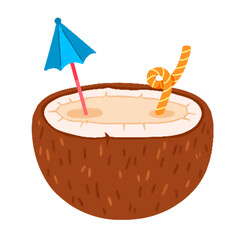 Showing flat design coconut half with creamy drink, umbrella, striped straw, transparent background