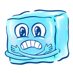 Cartoon ice block is shivering with anxious expression and hugging arms on transparent background
