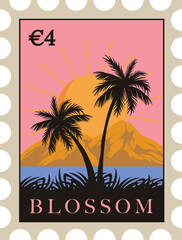 Stamp-like design is showing tropical sunset, palm trees, €4 text, transparent background