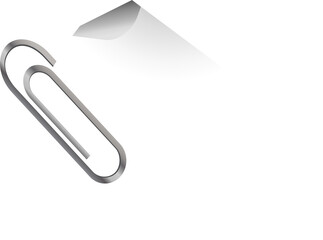 Silver paperclip is holding torn white paper in flat style, corner curl on transparent background