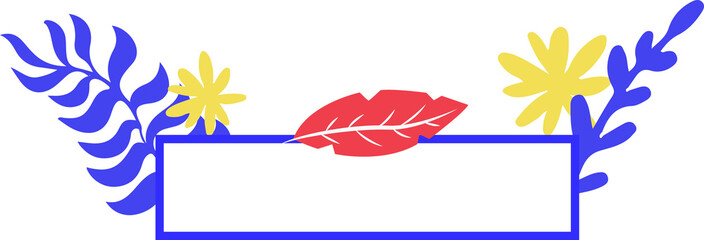 Flat floral banner is featuring red leaf, yellow flowers, blue foliage on transparent background