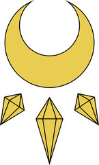 Stylized gold crescent moon is floating above three prisms in flat style, transparent background