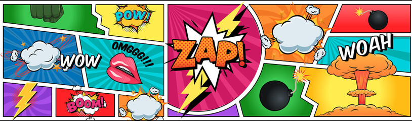 Pop art comic panels are featuring explosion clouds, bombs  and  onomatopoeia on transparent backgro