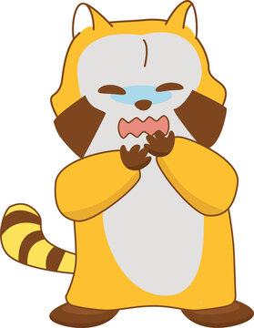 Flat design cartoon yellow brown raccoon-like creature is crying with transparent background