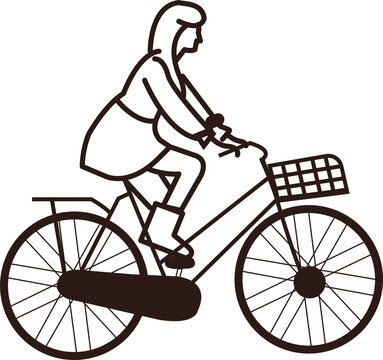 Fototapeta Female cyclist is pedaling in monochrome line art, with wire basket, rack, transparent background