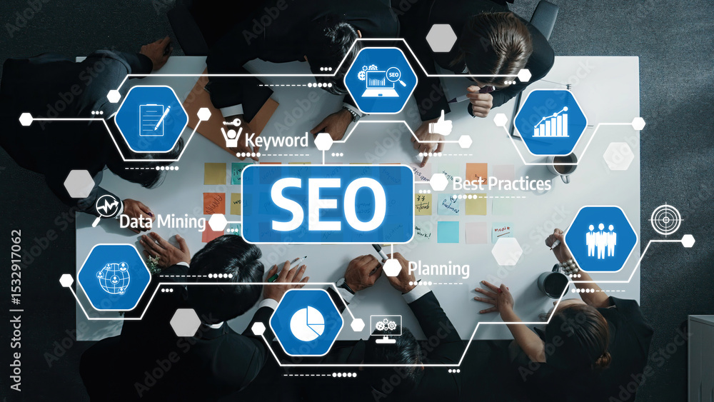 Poster a dynamic scene of professionals engaged in a collaborative seo strategy session, analyzing data and