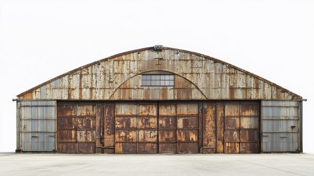 Rusty industrial hangar showcasing weathered metal structure in a wide-open space during daylight
