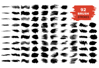 Vector collection of black watercolor brush strokes and splatters isolated on white background.