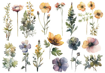 Vector watercolor painted style - flowers clipart isolated on white background.