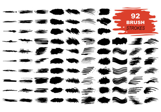 Vector collection of black watercolor brush strokes and splatters isolated on white background.