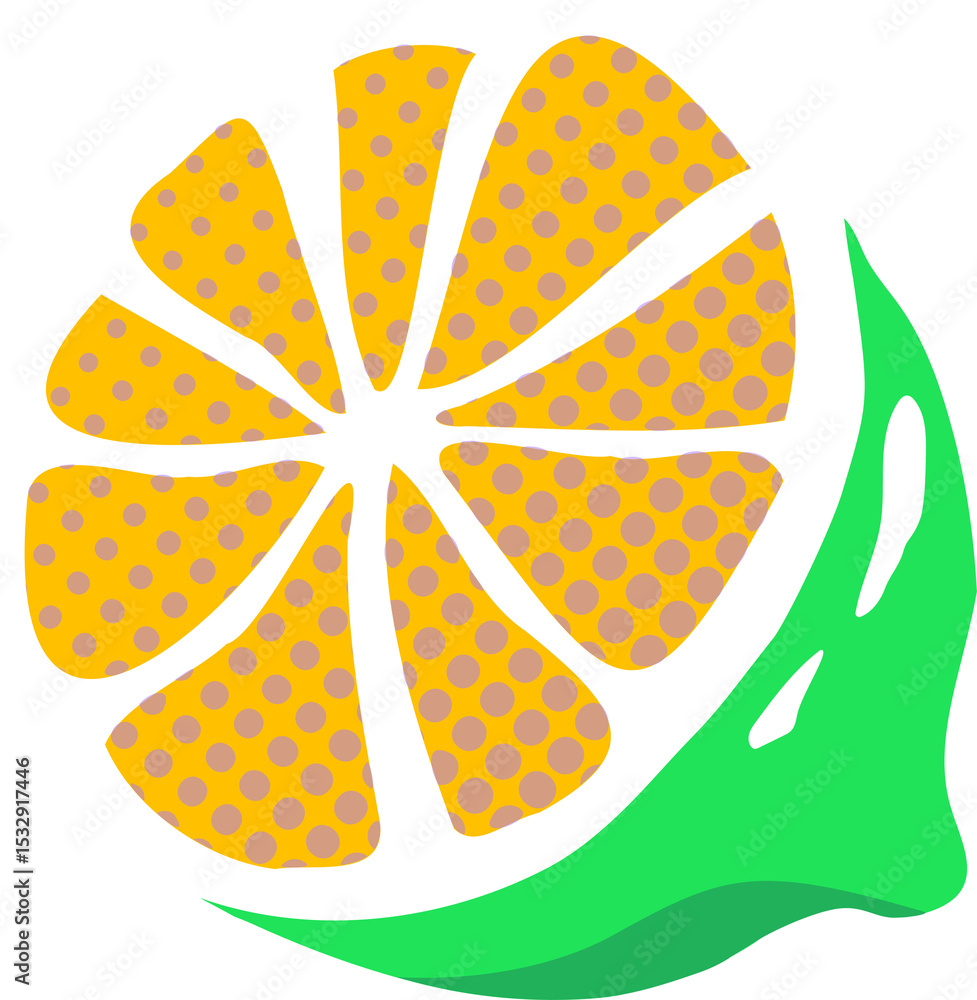 Aufkleber citrus slice is floating on curved green leaf using flat pop art design, transparent background