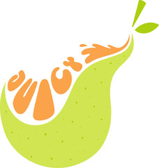 Abstract splash is forming pear in flat vector with leaves, orange droplets, transparent background